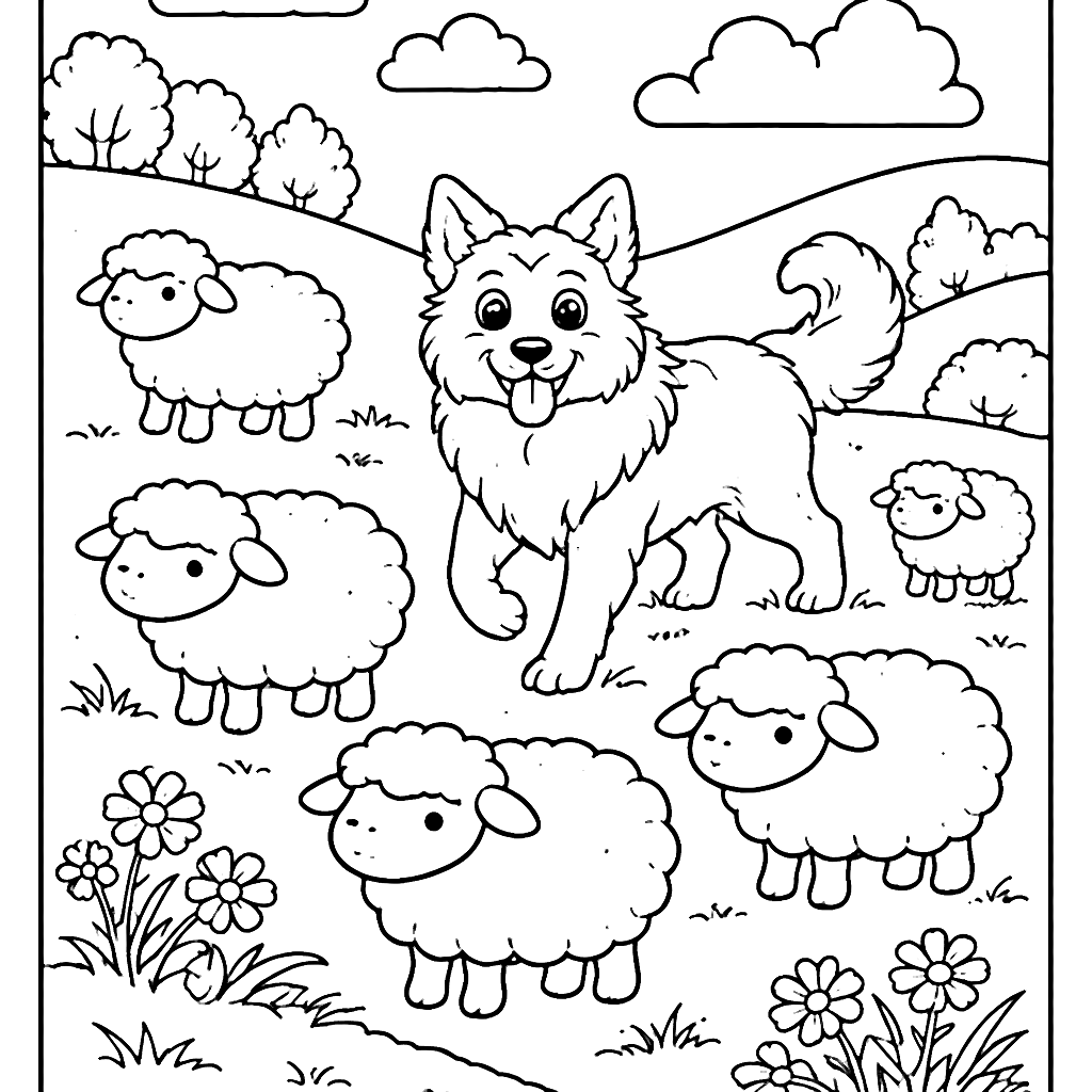 Coloring Page of a Border Collie Herding Sheep