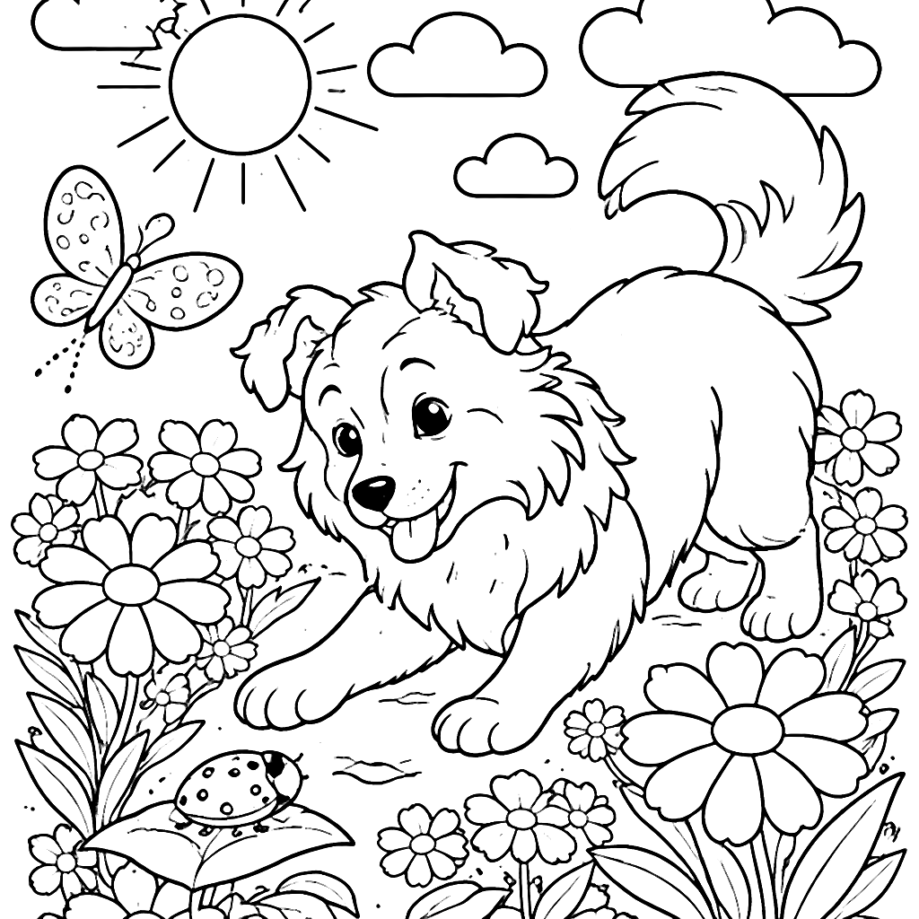 Border Collie Playing in a Colorful Flower Garden