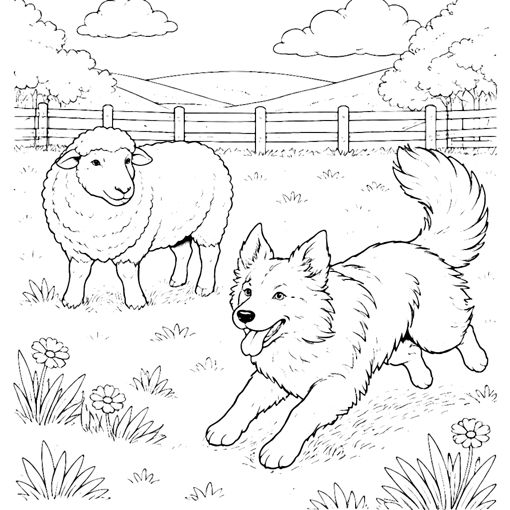 Border Collie Herding Sheep in a Lush Pasture Coloring Page