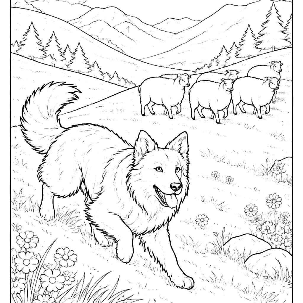Border Collie Herding Sheep Coloring Page