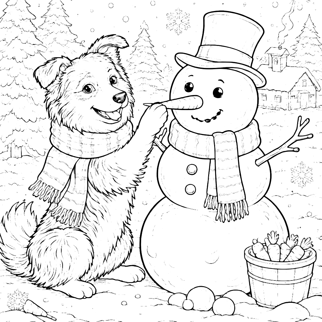 Border Collie Building a Snowman in Winter Wonderland