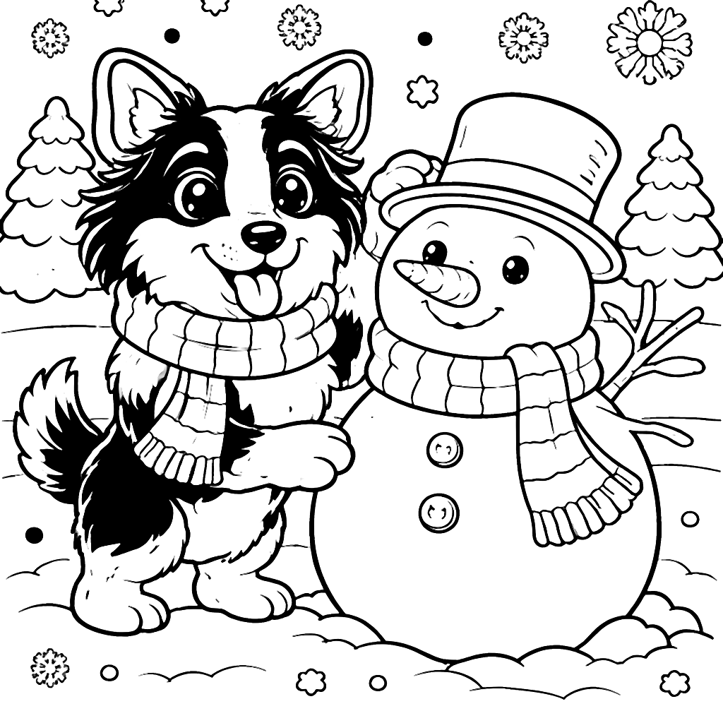 Playful Border Collie Building a Snowman Coloring Page