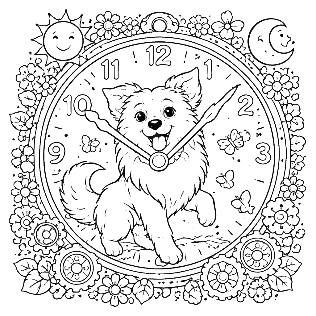 Playful Border Collie Inside a Whimsical Clock Coloring Page