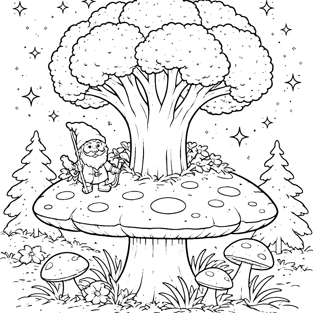 Broccoli Coloring Page in an Enchanted Forest