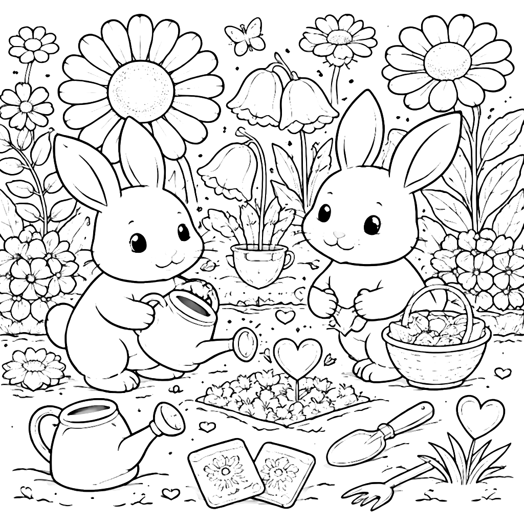 Bunnies Gardening with Oversized Flowers Coloring Page