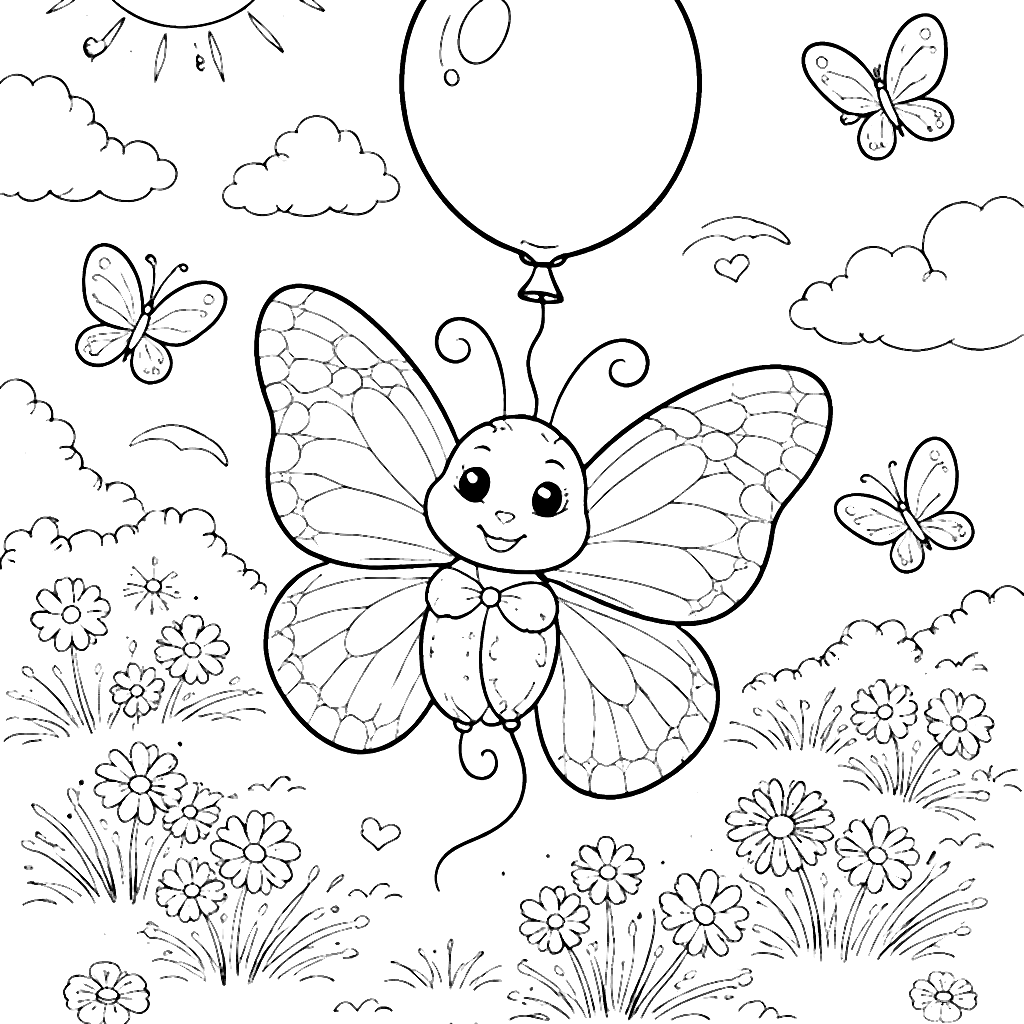 Colorful Butterflies Holding Balloons in a Sunny Meadow