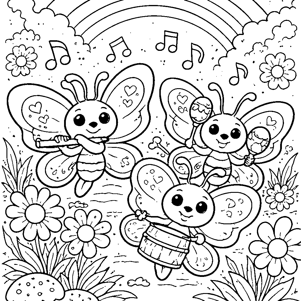 Butterfly Parade with Musical Instruments Coloring Page