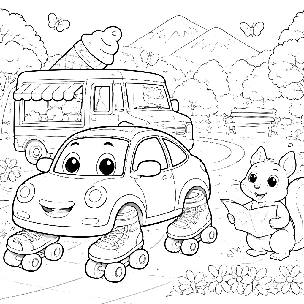 Coloring Page of a Car with Roller Skates