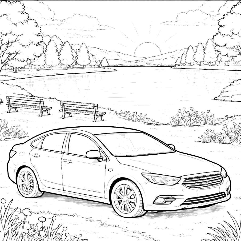 Coloring Page of a Car by a Serene Lake at Sunset