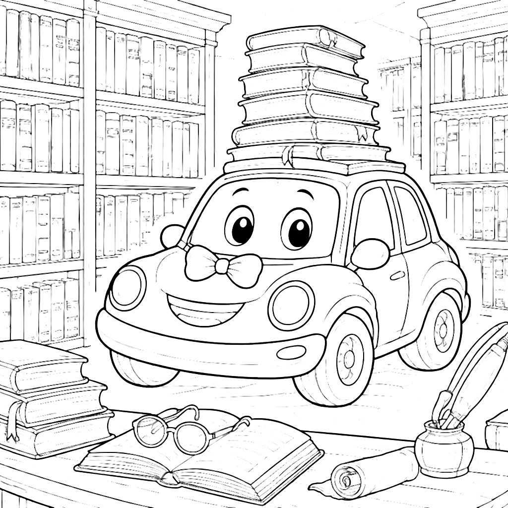 Car with Bowtie and Books in a Library Coloring Page