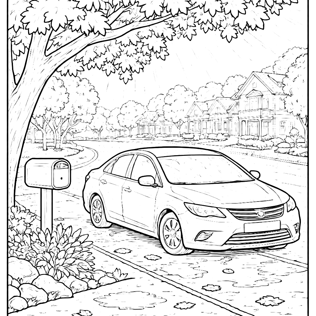 Coloring Page of a Car Under a Tree