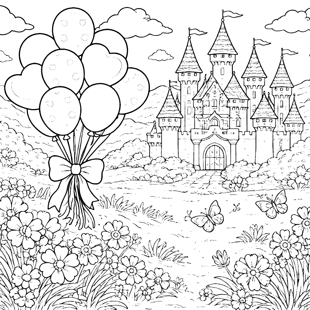 Enchanting Castle Coloring Page with Balloons and Meadows