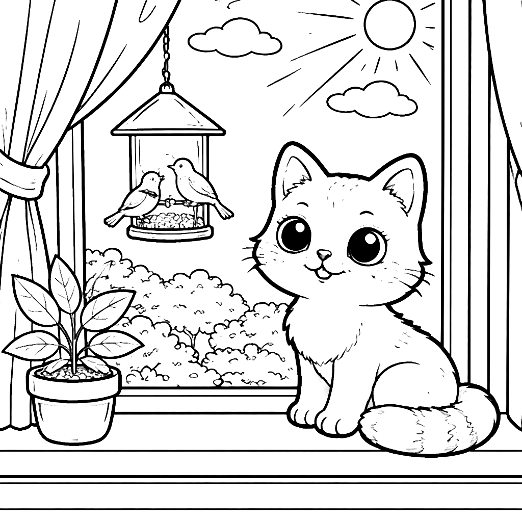 Cozy Cat Watching Birds – Printable Coloring Page