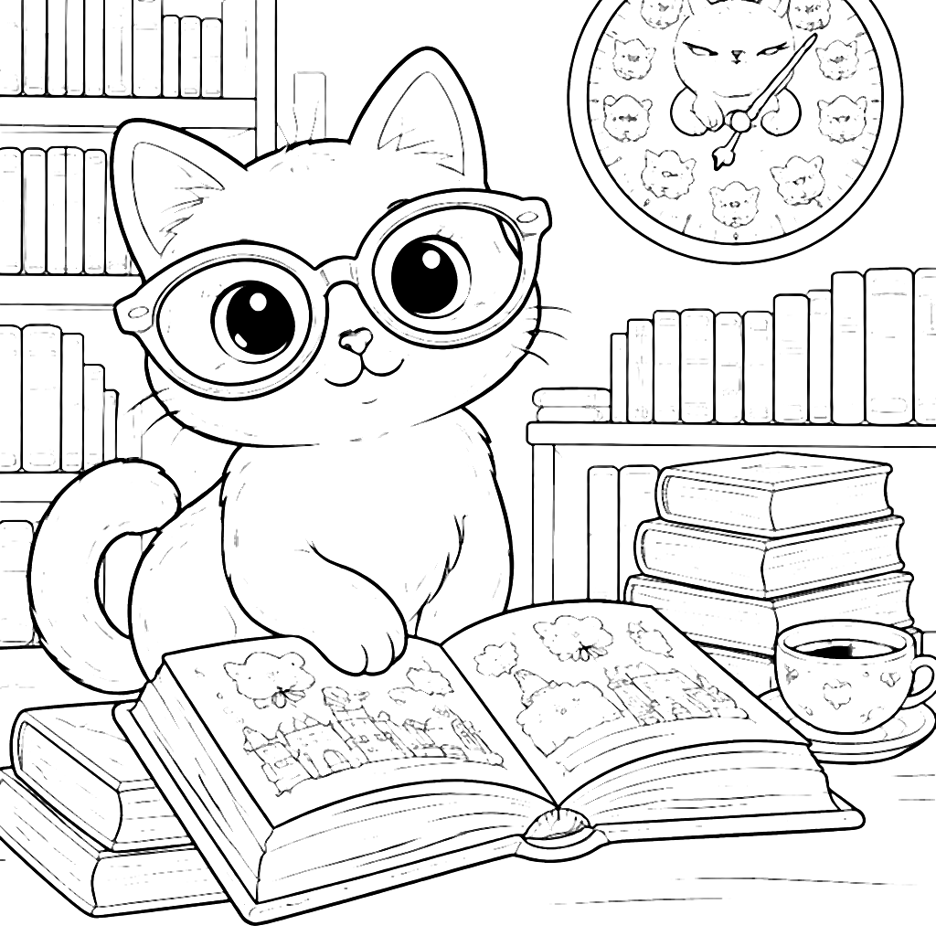 Whimsical Cat with Glasses in a Library Coloring Page