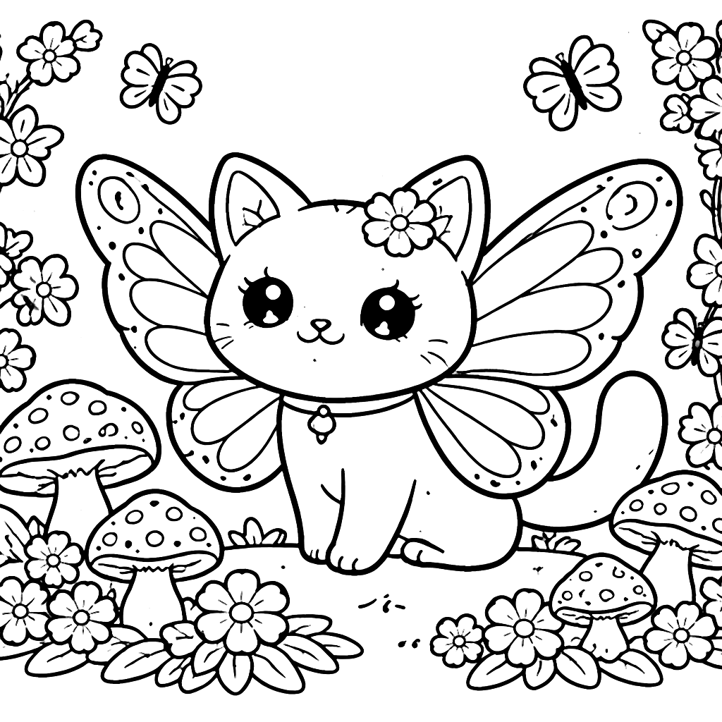 Whimsical Cat with Butterfly Wings Coloring Page