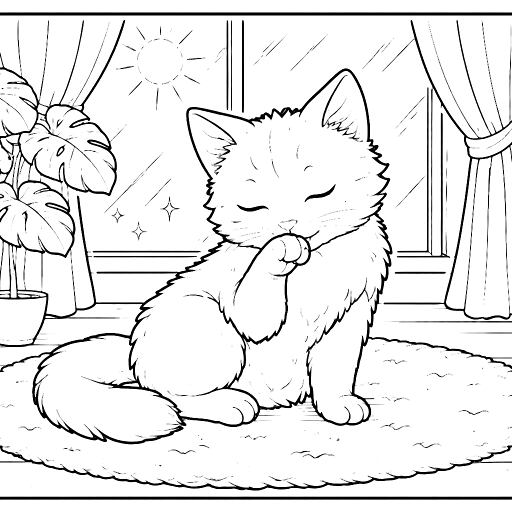 Relaxing Cat Coloring Page in a Sunlit Living Room