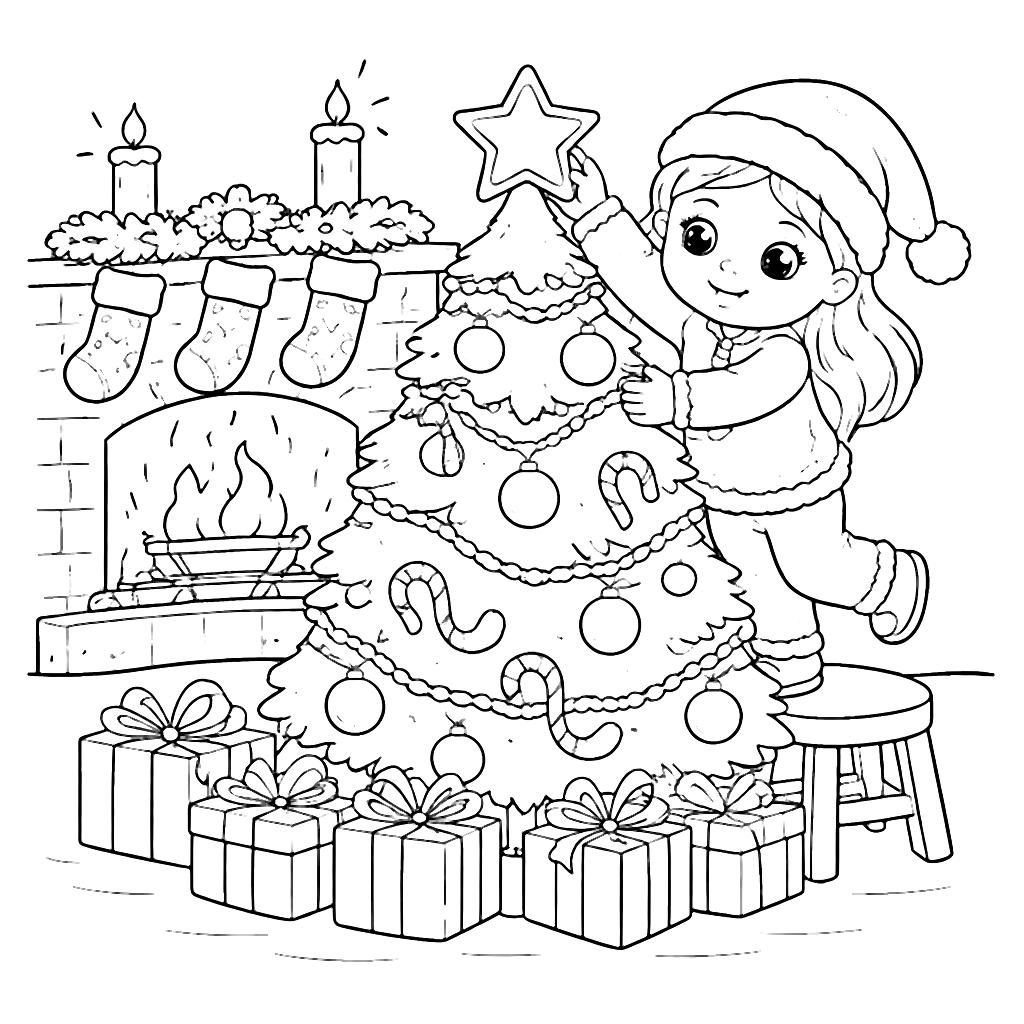 Cozy Christmas Tree Decorating Coloring Page