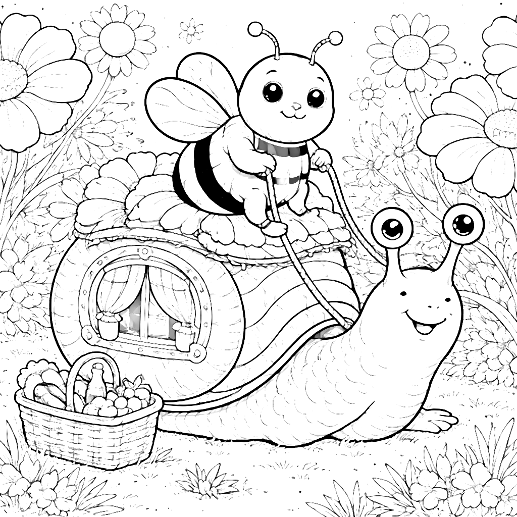 Chubby Bumblebee Riding a Snail in a Sunny Meadow