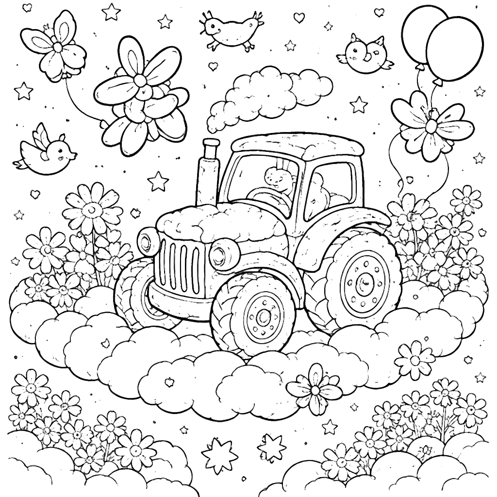 Whimsical Cloud Tractor Coloring Page for Kids