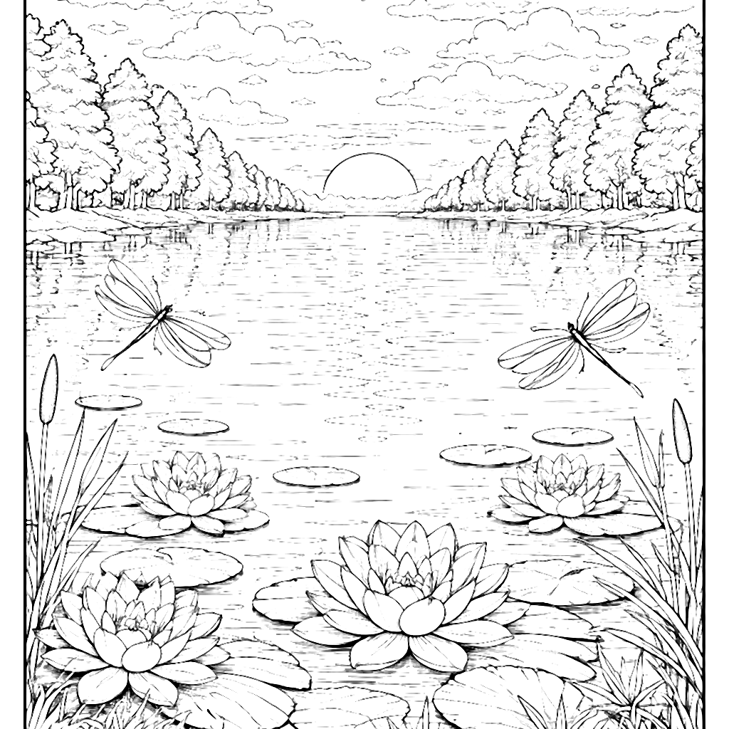 Tranquil Lakeside Colors at Sunset - Coloring Page