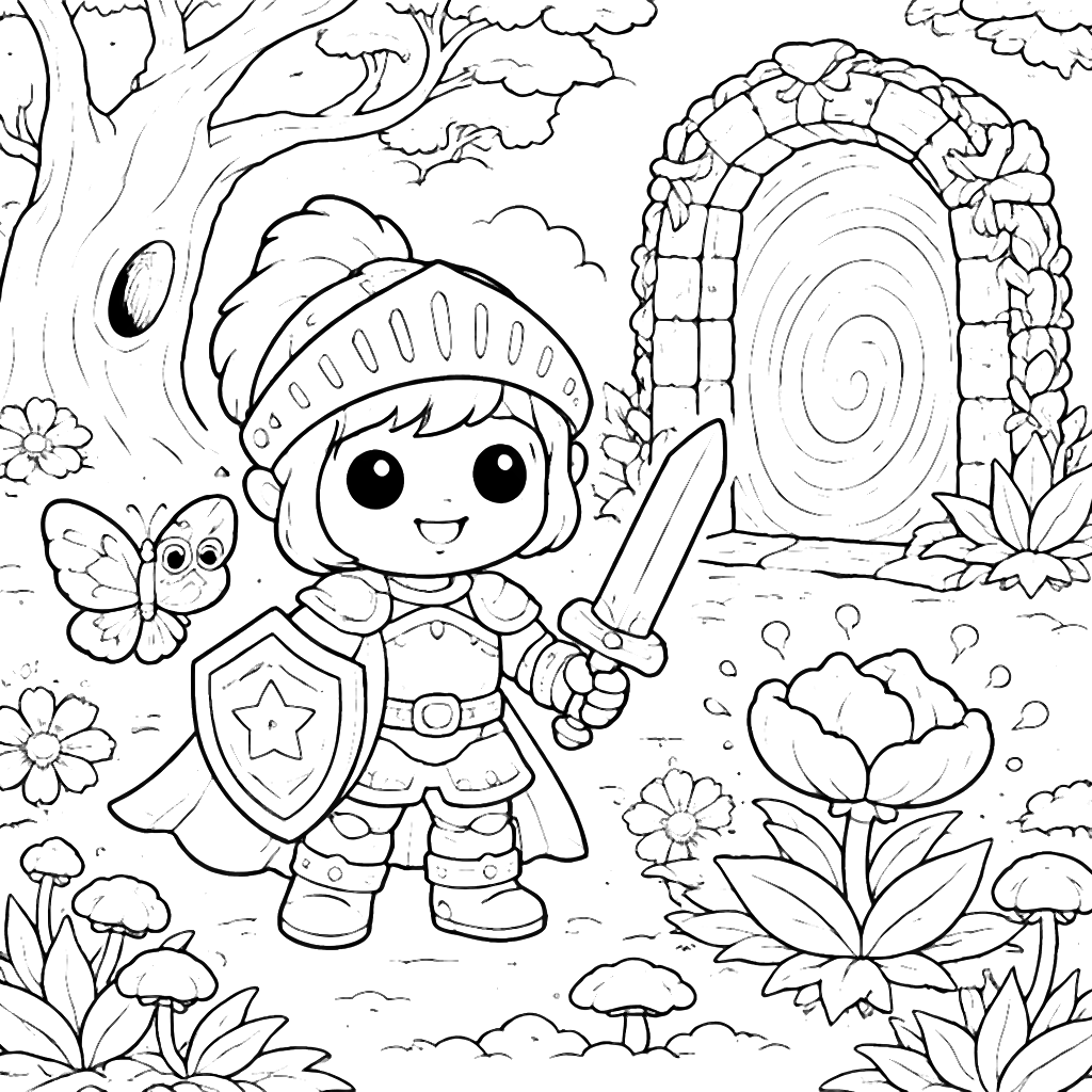 Courageous Knight Coloring Page with Enchanted Forest
