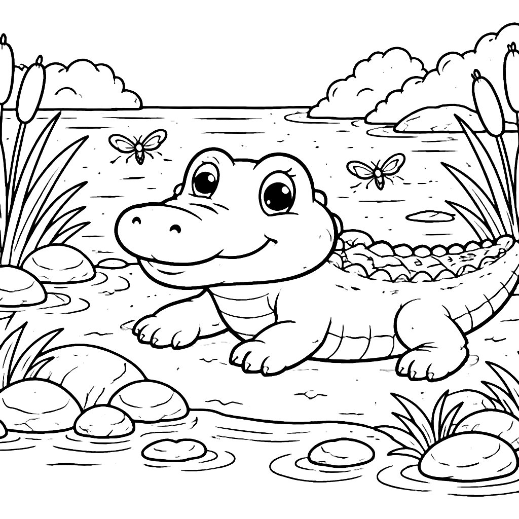 Crocodile Sunbathing on a Serene River Bank Coloring Page