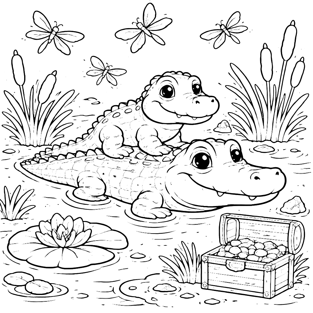 Crocodile and Baby in a Vibrant Swamp Coloring Page