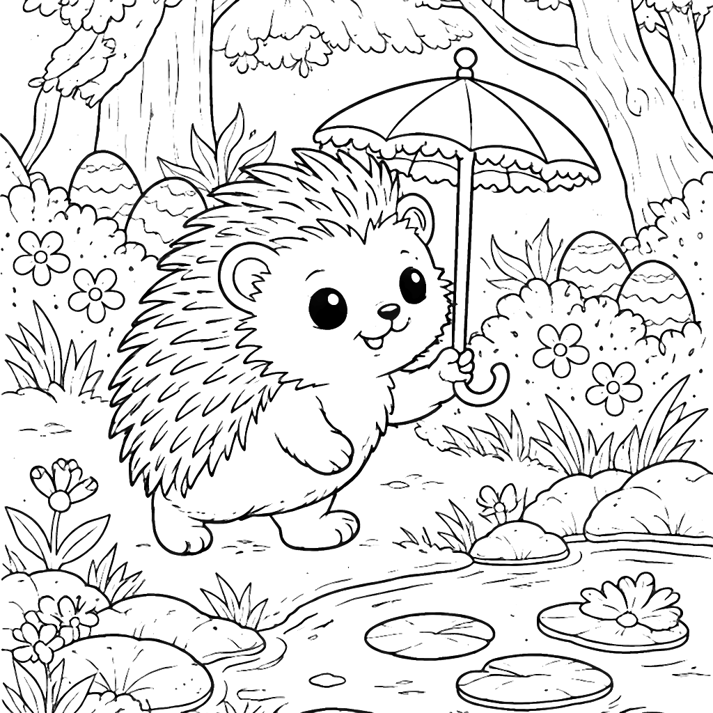 Curious Hedgehog with Umbrella in Enchanted Forest Coloring Page