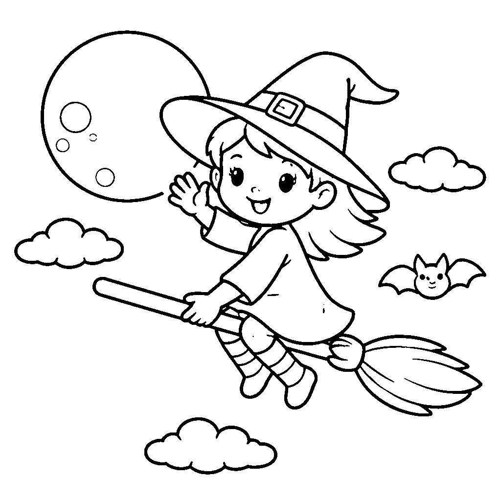 Witch with a Broomstick Coloring Page