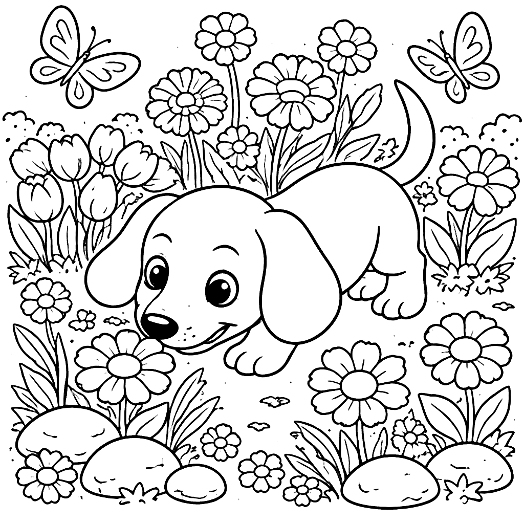 Dachshund Sniffing in a Colorful Flower Garden Coloring Page