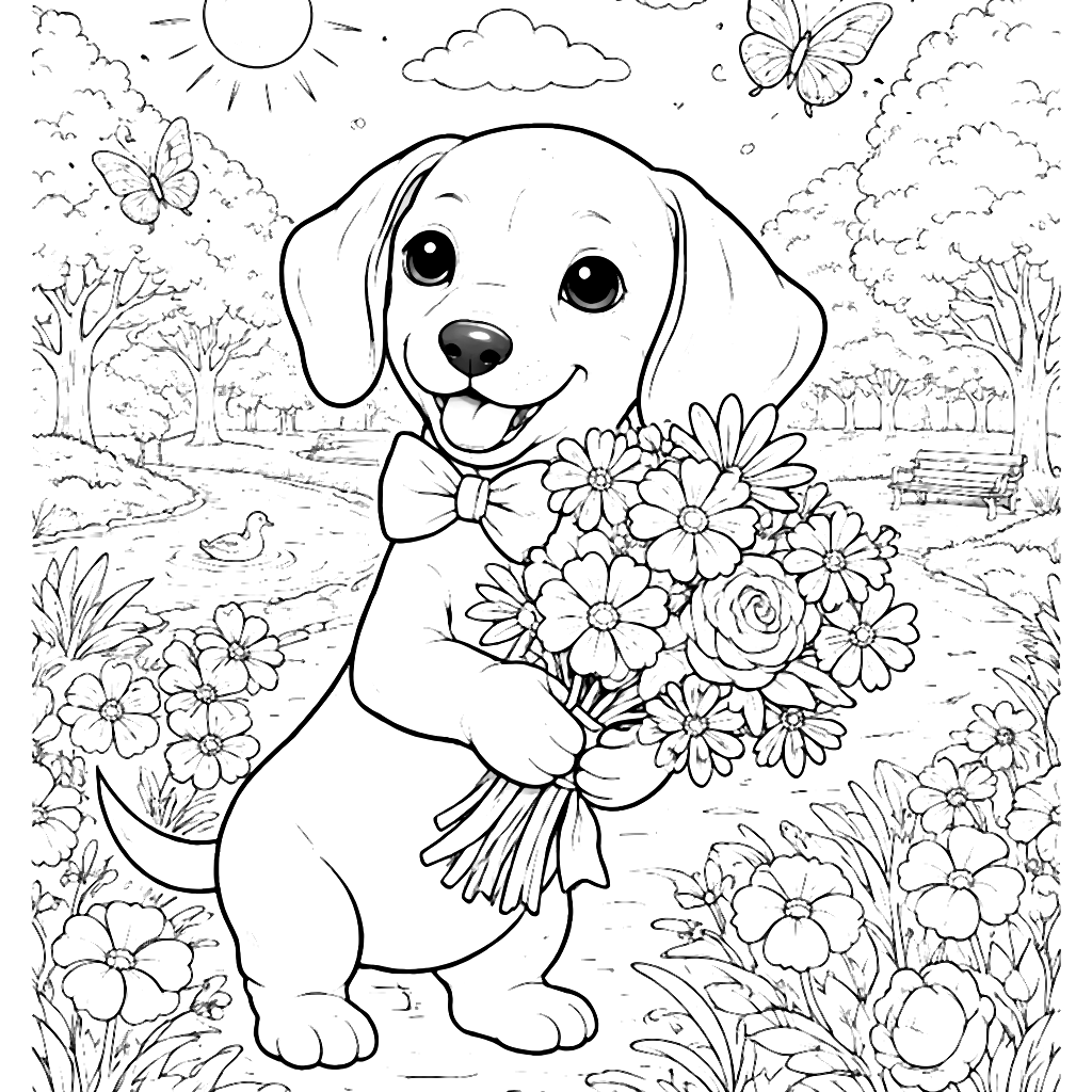 Adorable Dachshund with Bowtie and Flowers Coloring Page