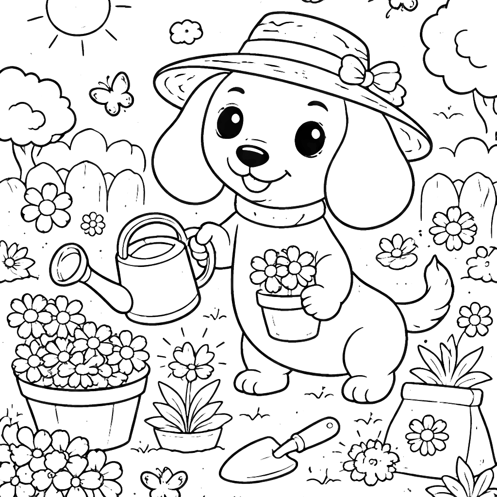 Dachshund Gardening Fun - Printable Coloring Page