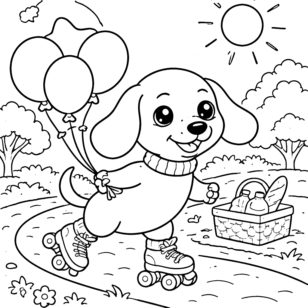 Dachshund Roller Skating in a Sunny Park Coloring Page