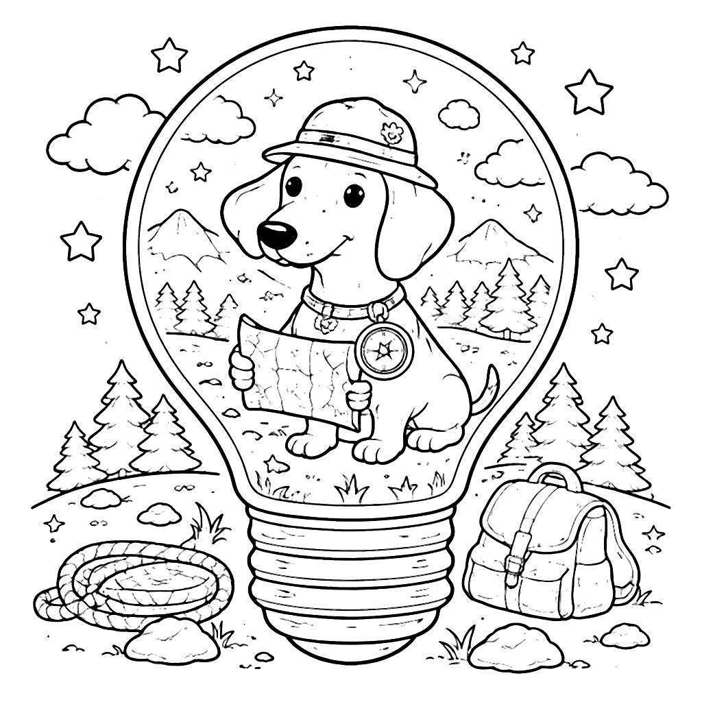 Dachshund Explorer in a Lightbulb Adventure Coloring Page