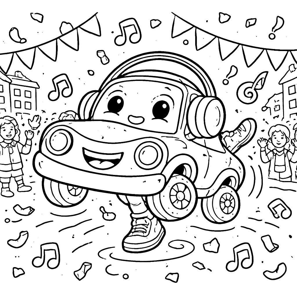 Coloring Page of a Dance-Themed Car in a Festival