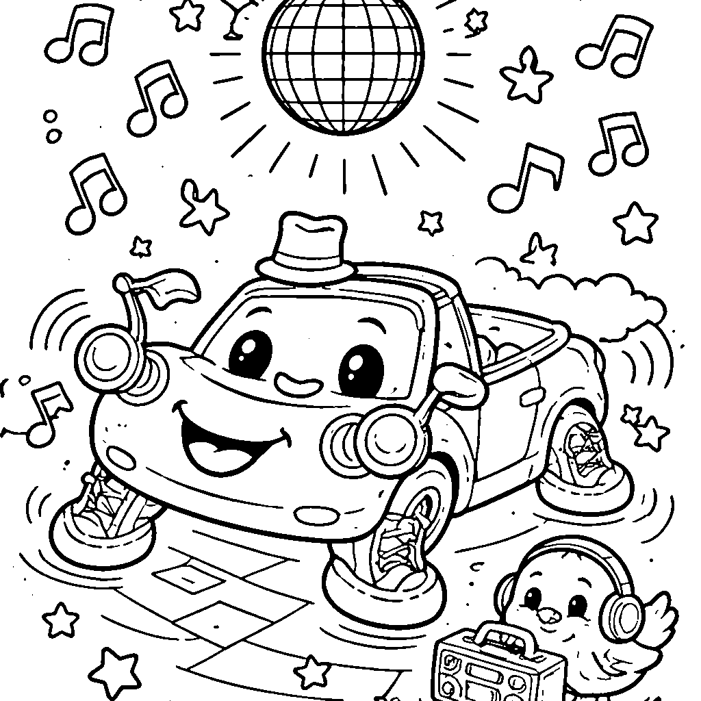 Dance Party with a Convertible Car Coloring Page