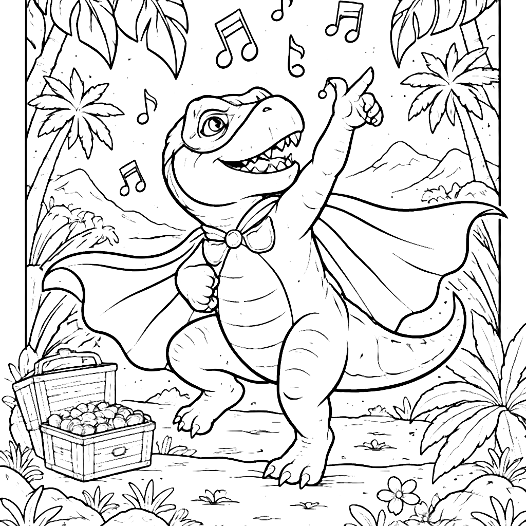 Dancing Dinosaur Coloring Page for Superhero Fans