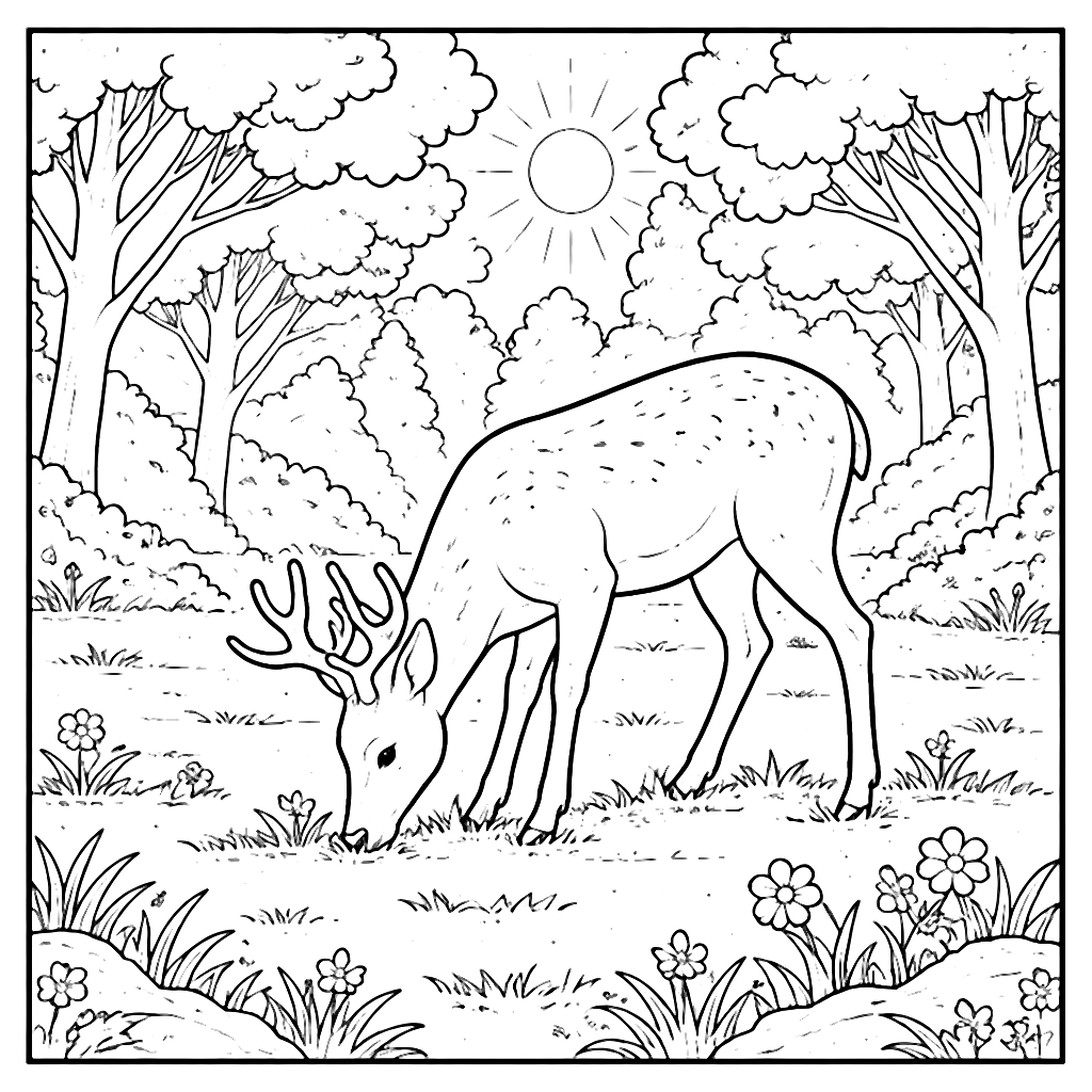 Deer Grazing in a Sunlit Forest Clearing Coloring Page