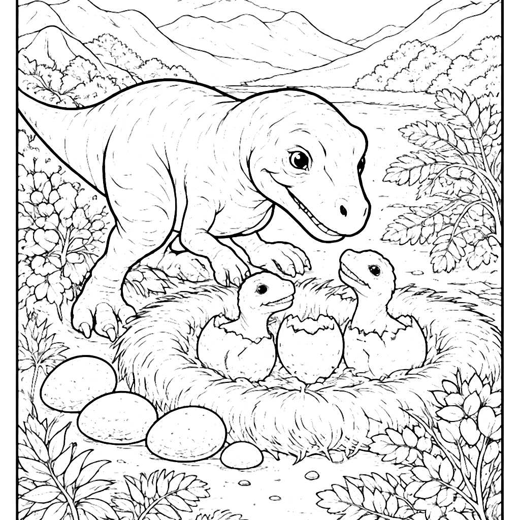 Dinosaur Nesting and Caring for Young Hatchlings Coloring Page