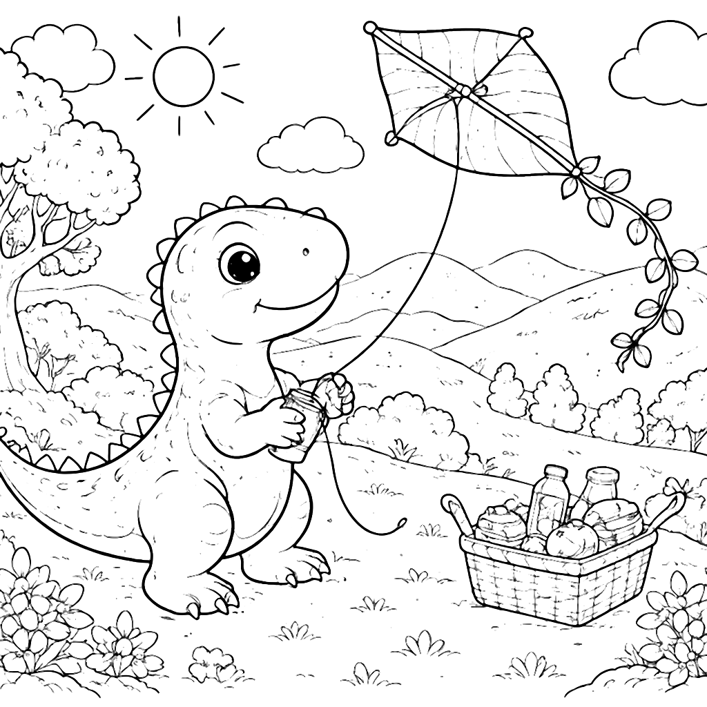 Dinosaur Flying a Kite Coloring Page for Kids