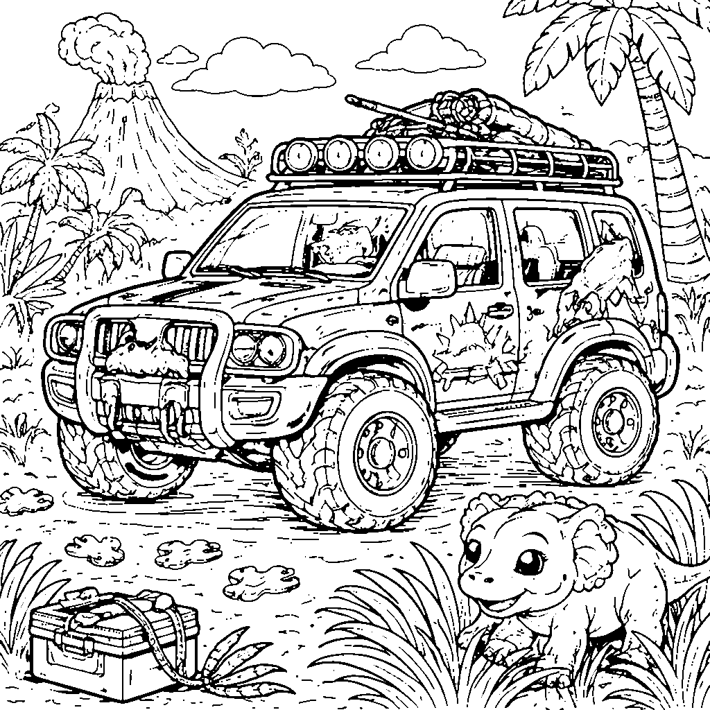 Dinosaur Rescue Car Coloring Page