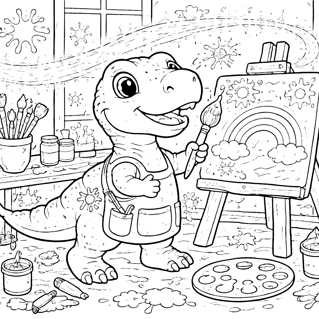 Dinosaur Coloring Page with Fairy Dust in Art Studio