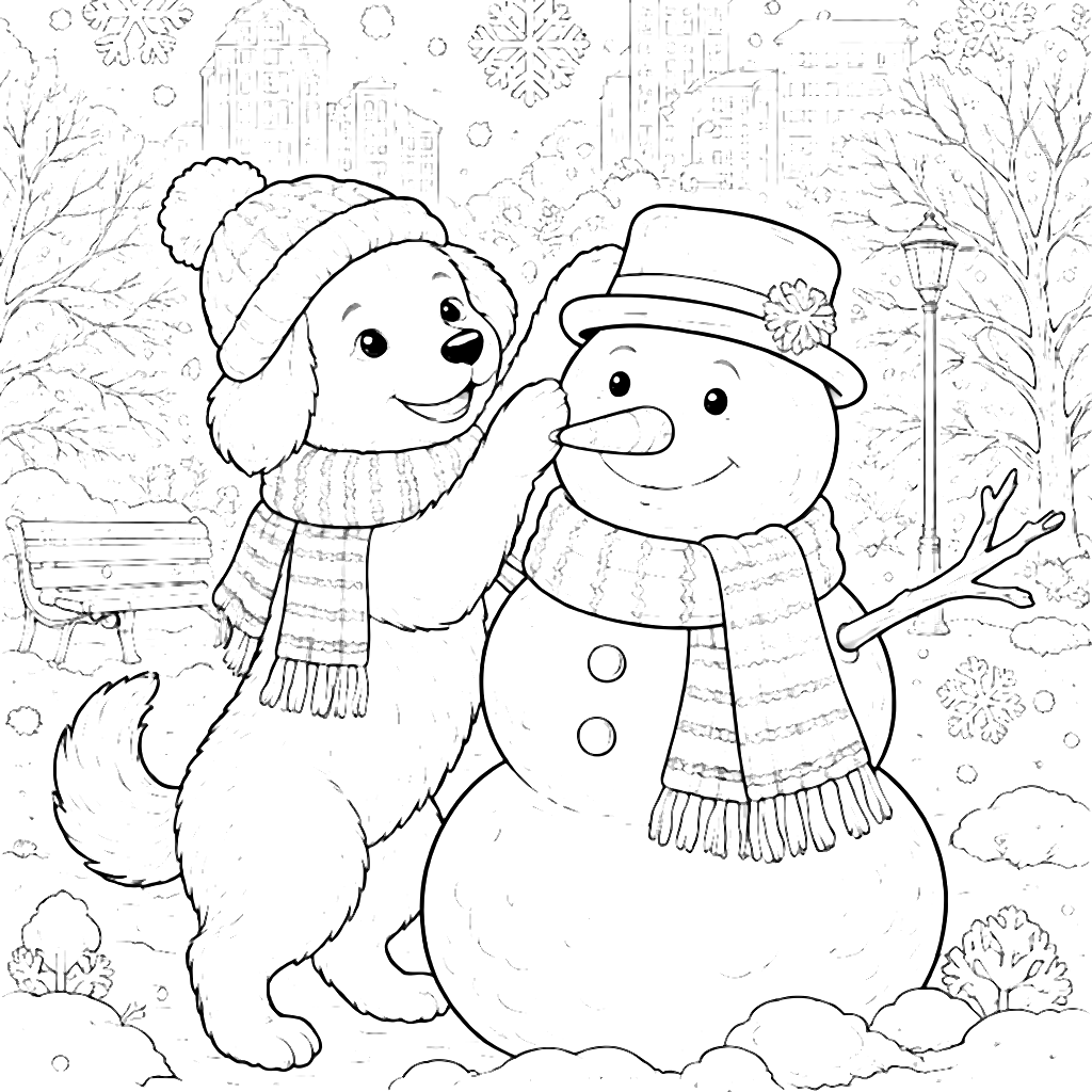 Coloring Page of a Dog Building a Snowman