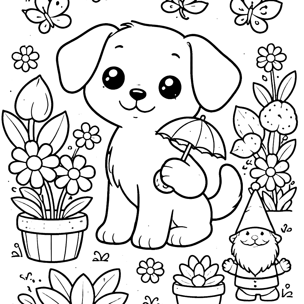 Whimsical Dog with Umbrella Coloring Page
