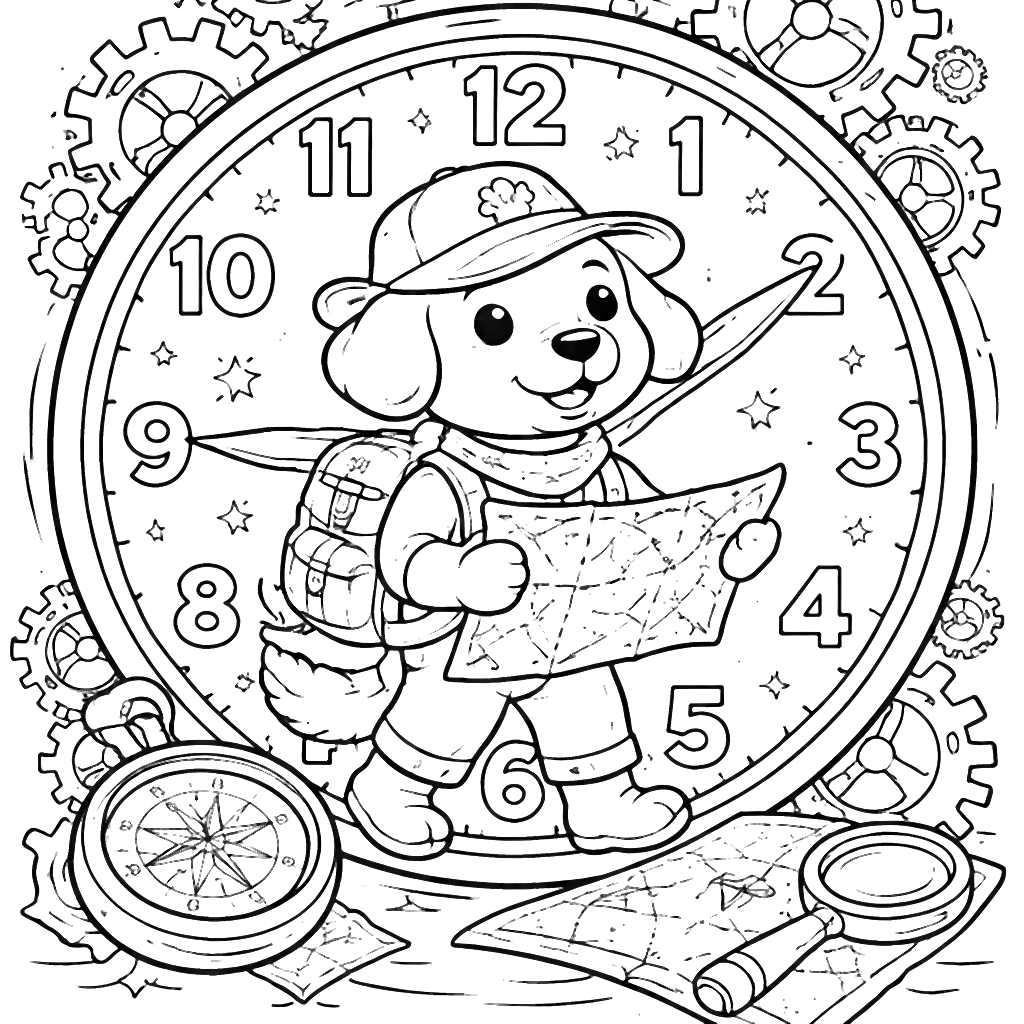 Adventurous Dog Inside a Whimsical Clock Coloring Page