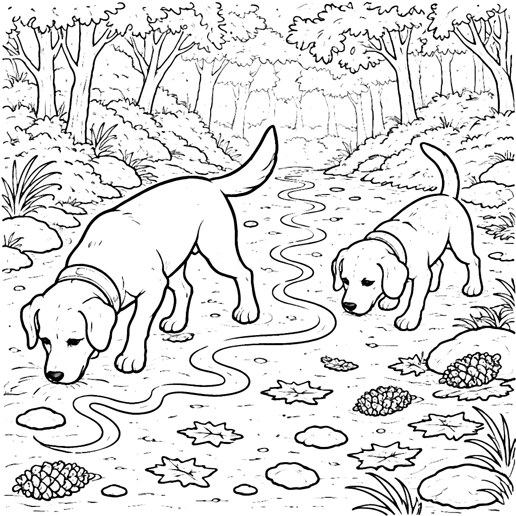 Explore Dogs Scent-Tracking in a Forest Coloring Page