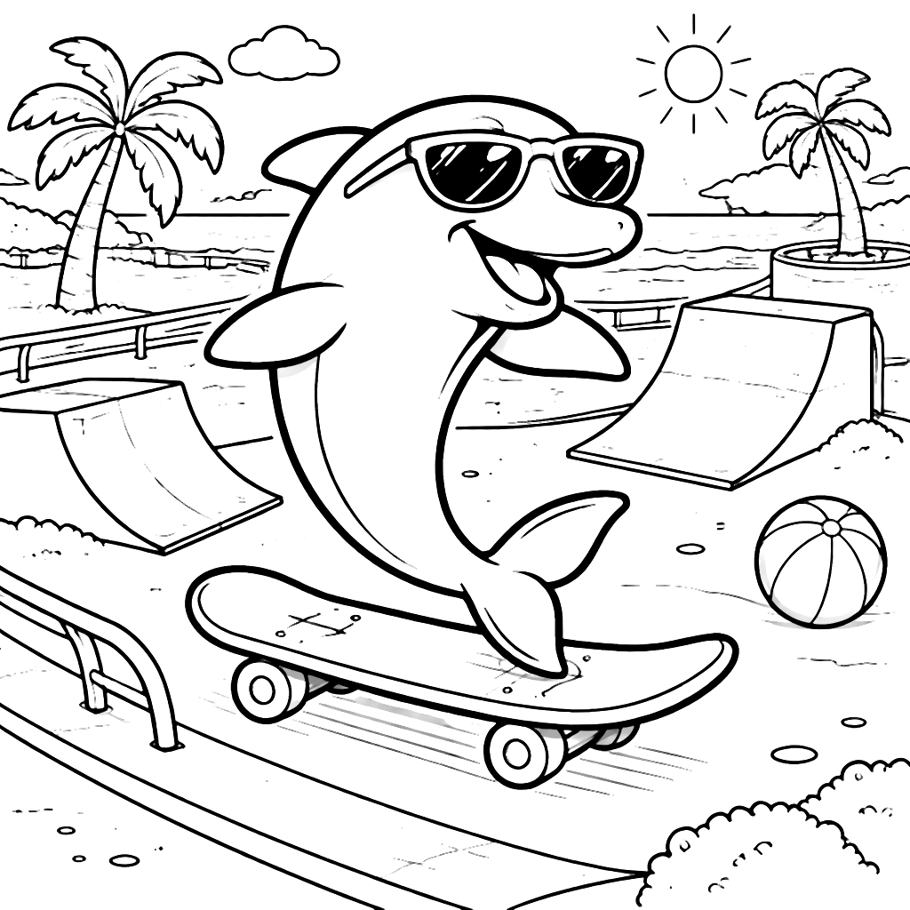Dolphin Skateboarding at the Beach - Fun Coloring Page
