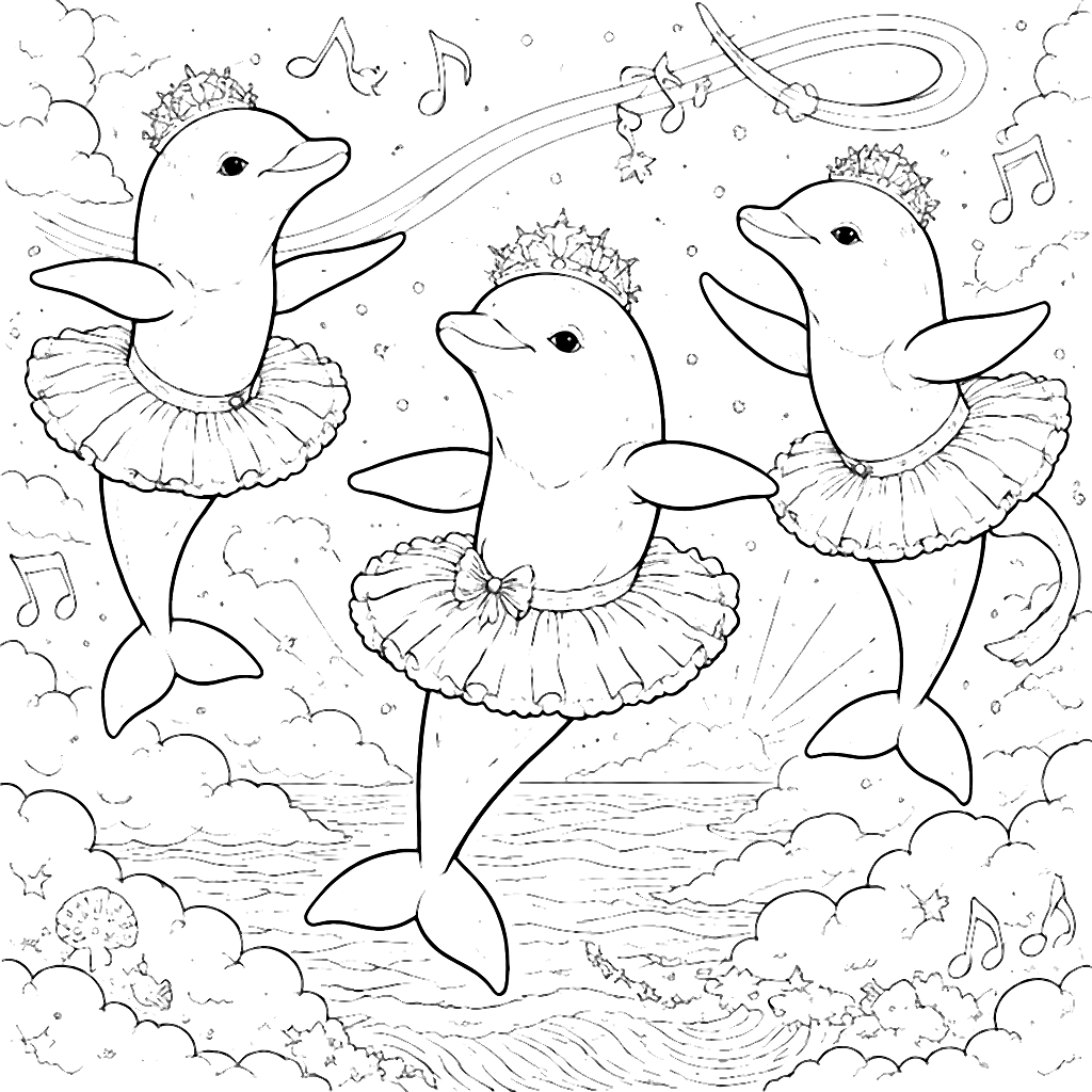 Dolphins Dancing Ballet in the Clouds Coloring Page