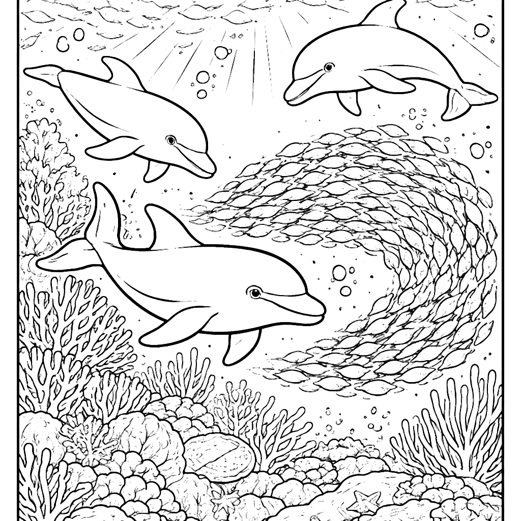 Vibrant Dolphins Herding Fish in Coral Reef Coloring Page