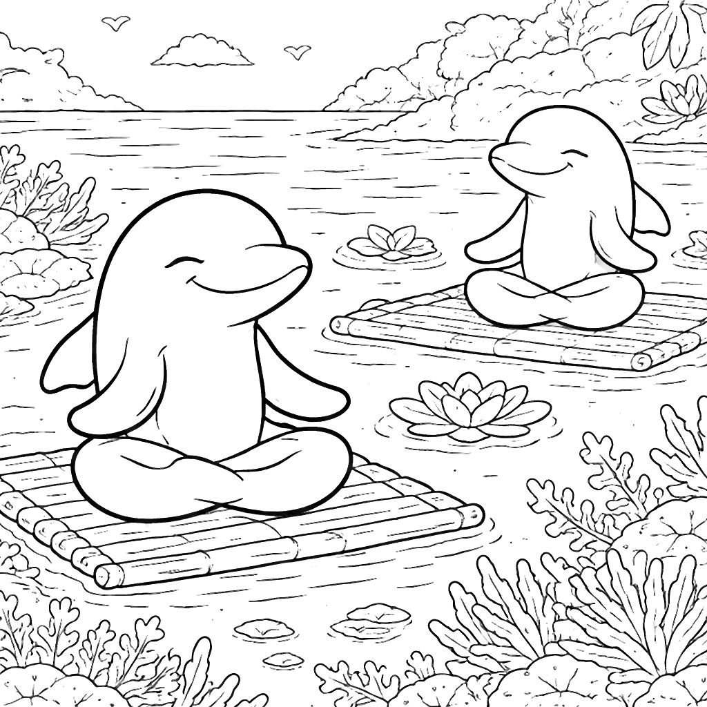 Meditating Dolphins in a Serene Ocean Cove Coloring Page